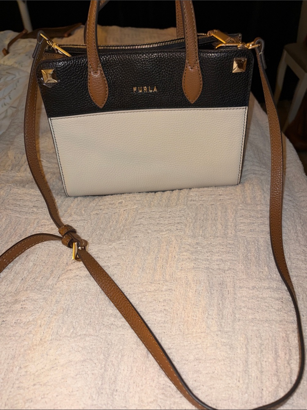 Furla Black and Cream Leather Crossbody with Tan Strap